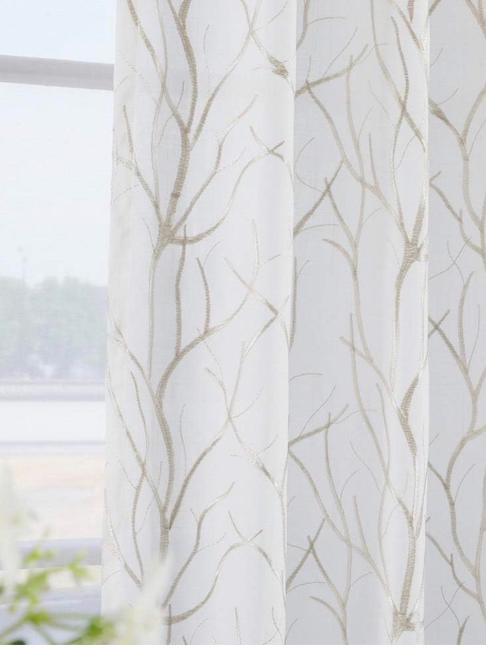 Set of 2 Twin Six Embroidered Curtains Tree Branch white tan 95 x 52 faux linen